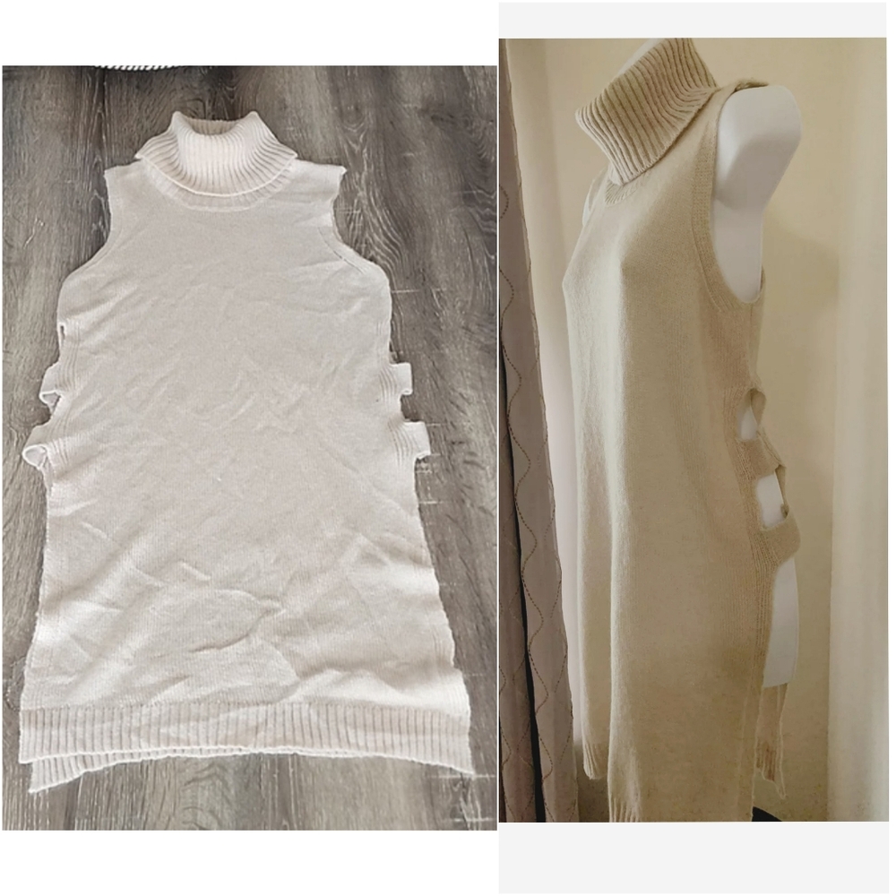 SAKS FIFTH AVENUE Sleeveless Turtleneck Cut Out Sides Knit Tunic Sweater Beige